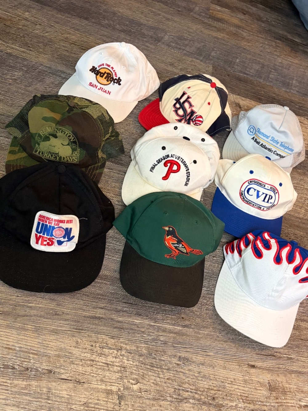Lot of 9 Vintage Hats Caps Snapback 90's 80's Y2K MLB ORIOLES Remington Hard Roc